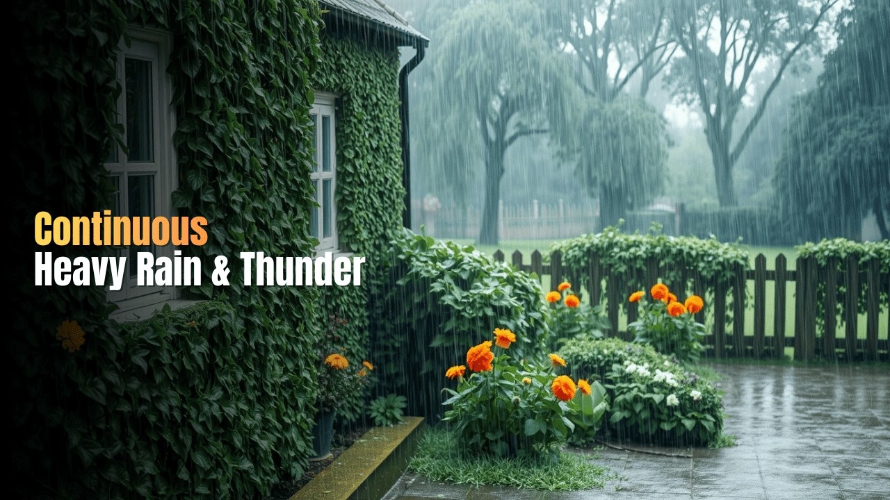 Continuous Heavy Rain & Thunder | Serene Cottage Garden Ambience for Stress Relief | Cozy Keys Sleep