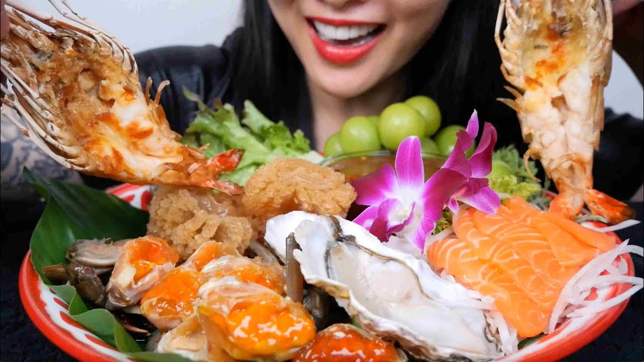SEAFOOD PLATTER (SASHIMI + MARINATED CRAB + GRILL SHIRP + JELLY + OYSTER) NO TALKING | SAS-ASMR