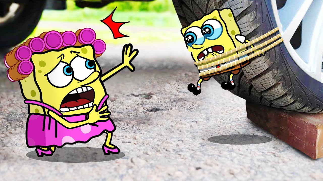 Ohh no, My Son !! Car crushing Spongebob Mommy vs Spongebob Baby  🚓 Crushing Crunchy & Soft Things