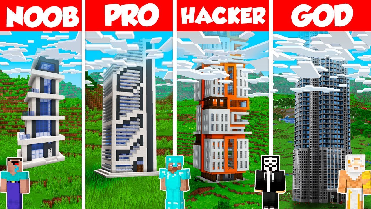 SkyScraper Build Battle Challenge - Noob vs Pro vs Hacker vs God - Minecraft Animation