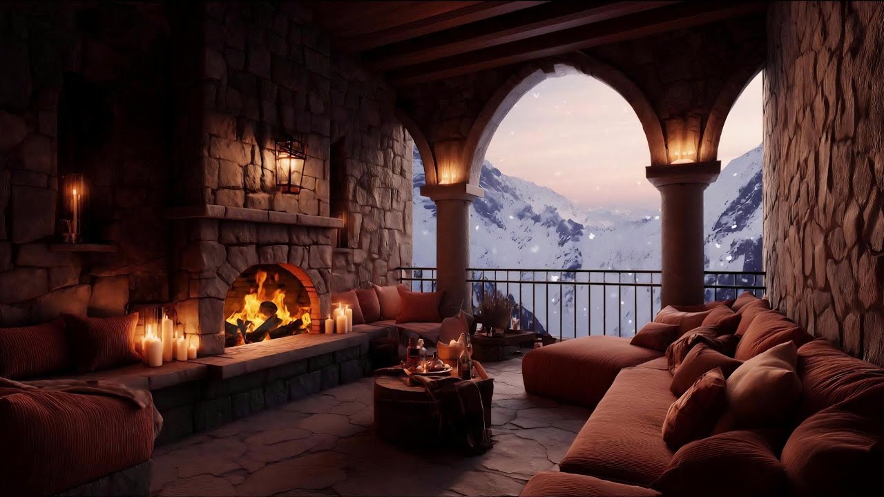 Cozy Mountain Fireplace • Soft Snow & Gentle Wind 