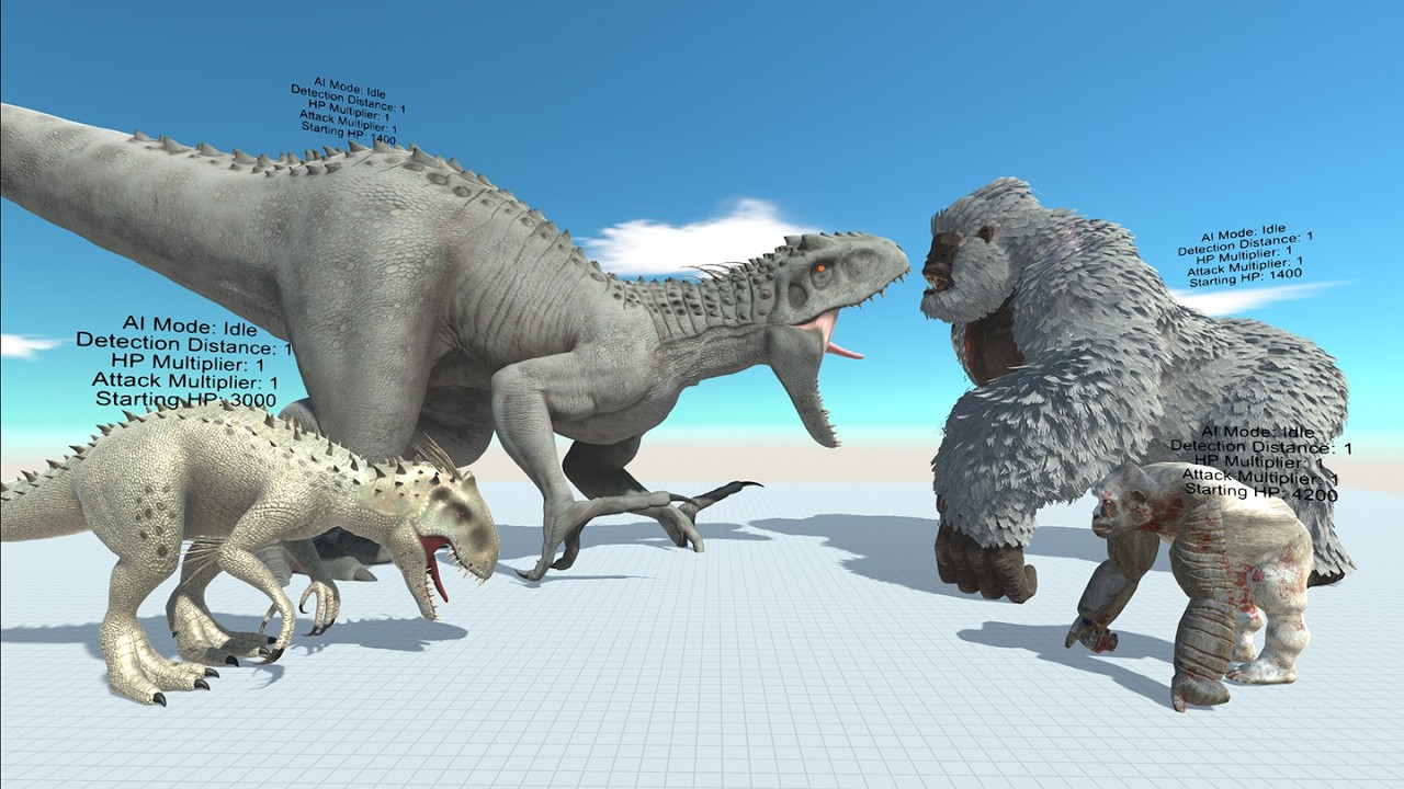 Dinosaur Tournament: Indominus Rex VS Gorilla. Who is Stronger, Healthier, and Faster in ARBS