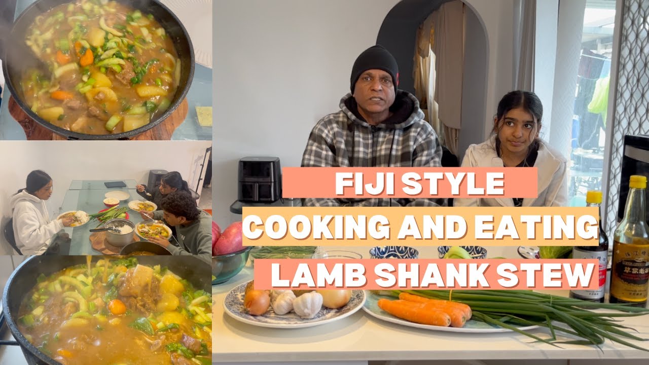 Fiji style cooking and eating lamb shank stew