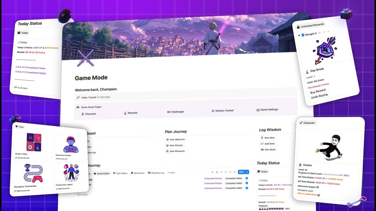 How I Turned Productivity into a Game with XP, Coins, Rewards, Challenges, Titles... in Notion