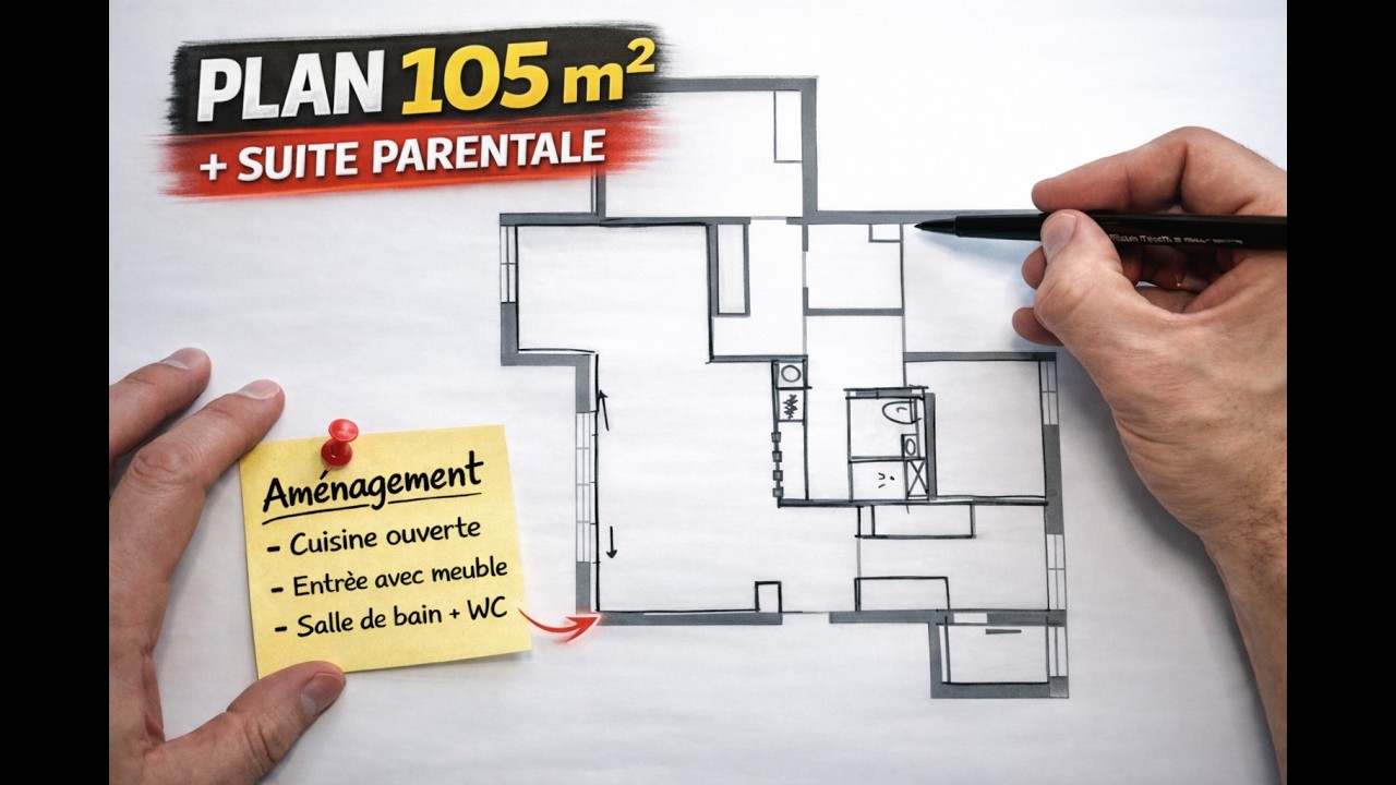 Plan appartement 105 m² avant/après : entrée optimisée, cuisine, salle de bain et suite parentale