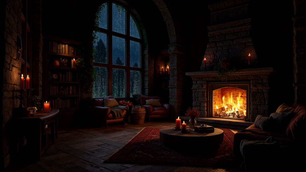 Quiet Castle Window Lounge Fireplace | Gentle Night Rain for Deep Sleep and Cozy Relaxation