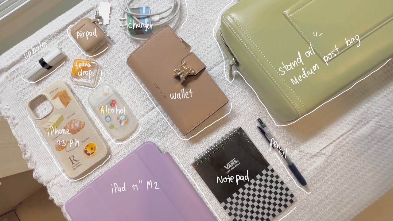 📦 [Unbox] Stand oil post bag medium, basil color 🌿 🥑🍀🍈 What’s in my bag? (Work edition)🧼🧤👜