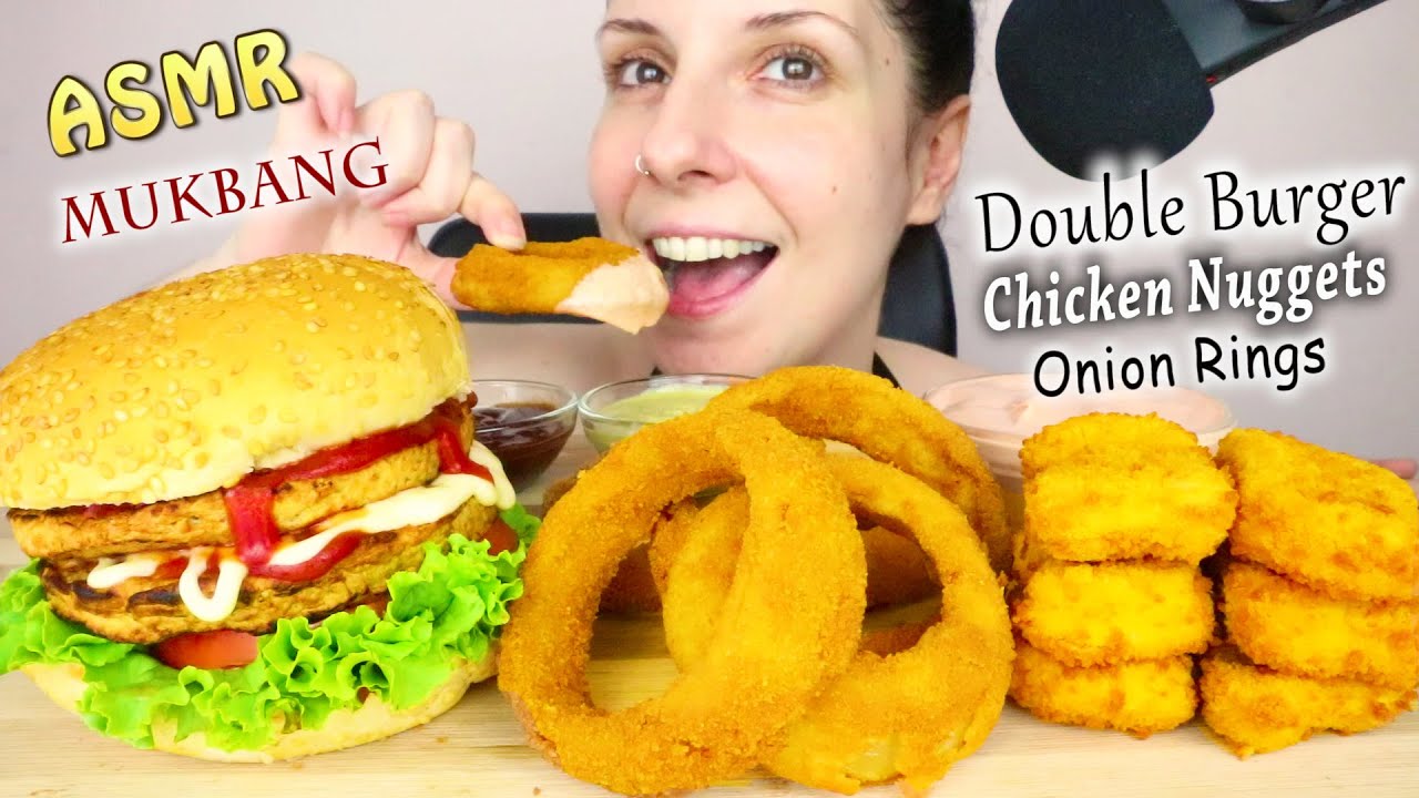 DOUBLE CHICKEN BURGER🍔, ONION RINGS & NUGGETS | Collab with  SongByrd ASMR  | ASMR Mukbang - 먹방