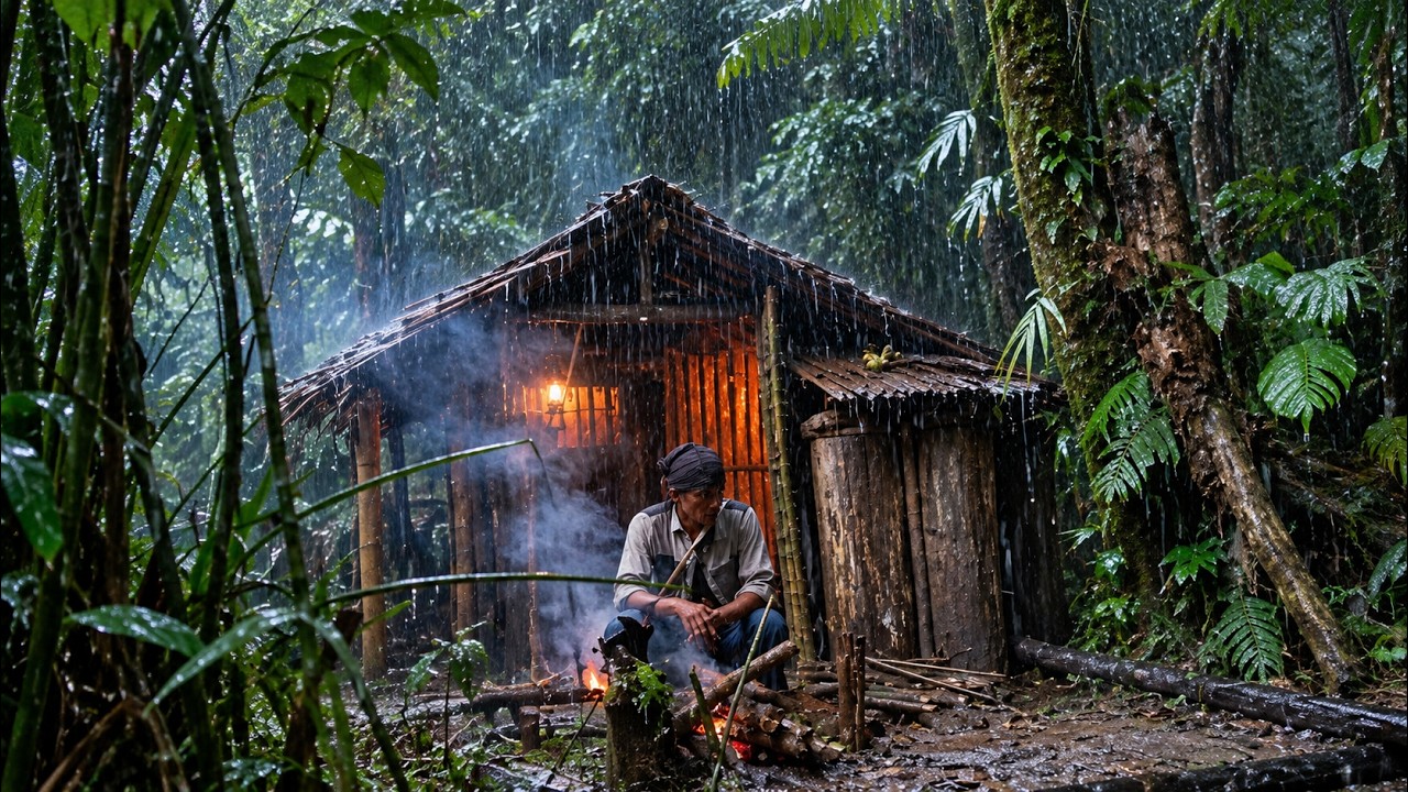 Days of Heavy Rain in the Wilderness: Building a Shelter, Fishing, and Setting Traps. BUSHCRAFT