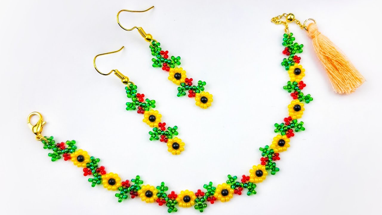 Kolay Günebakan Küpe & Bileklik yapımı. Easy Sunflower Earrings & Bracelet making. Beading Tutorial