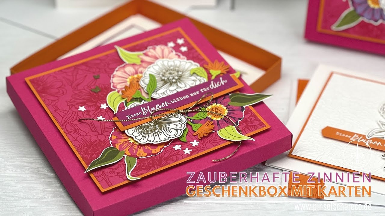 Geschenkidee | Kartenbox Zinnien-Zauber passend für mindestens 3 quadratische Grusskarten