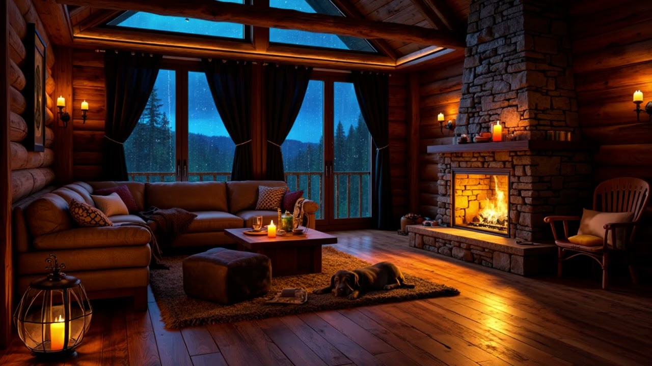 Mountain Rain Evening in a Warm Log Cabin | Fireplace Sounds for Sleep & Relaxation