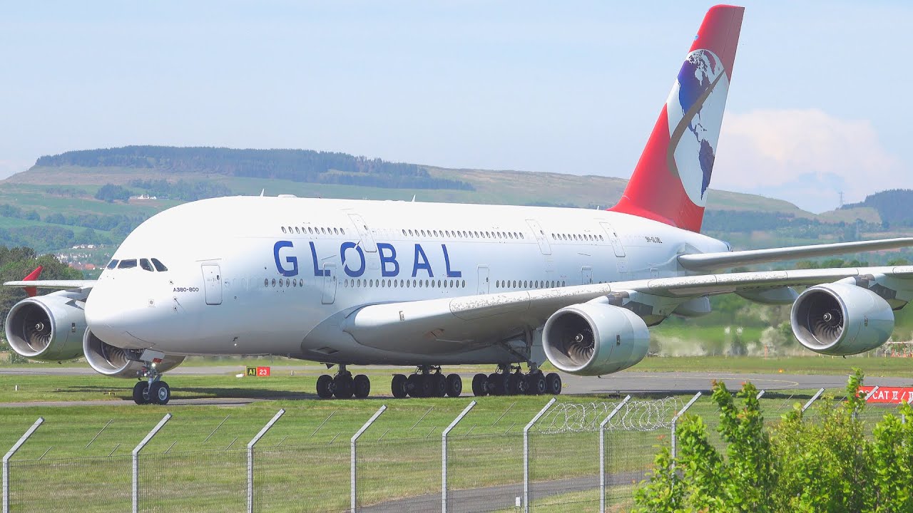 [4K] FIRST VISIT | Global Airlines A380 Lands at Glasgow Airport 2025