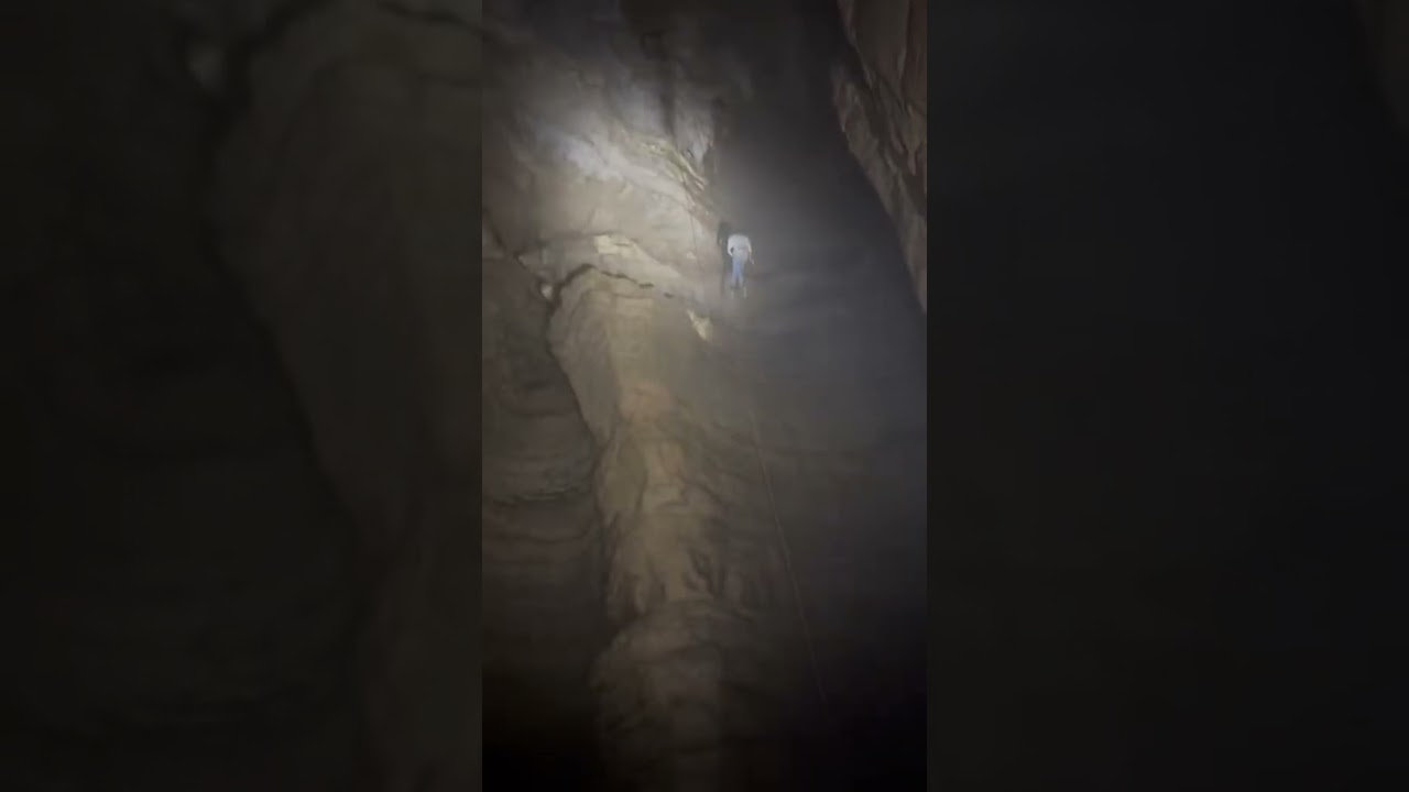 My son’s first vertical cave rappel! 125ft warm up pit in Ellisons cave!