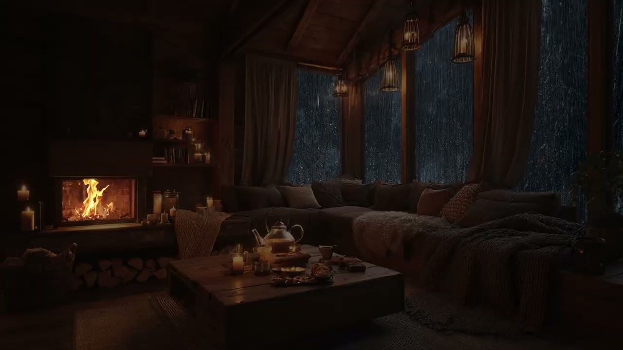 Tired Mind Wanders In The Dark | Rain On Old Windows And Fire Glow Bring Deep Restful Sleep