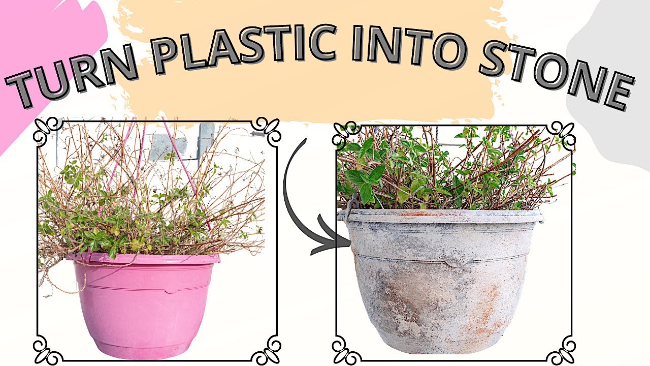 Plastic To Weathered Stone-Plastic Planter Transformation