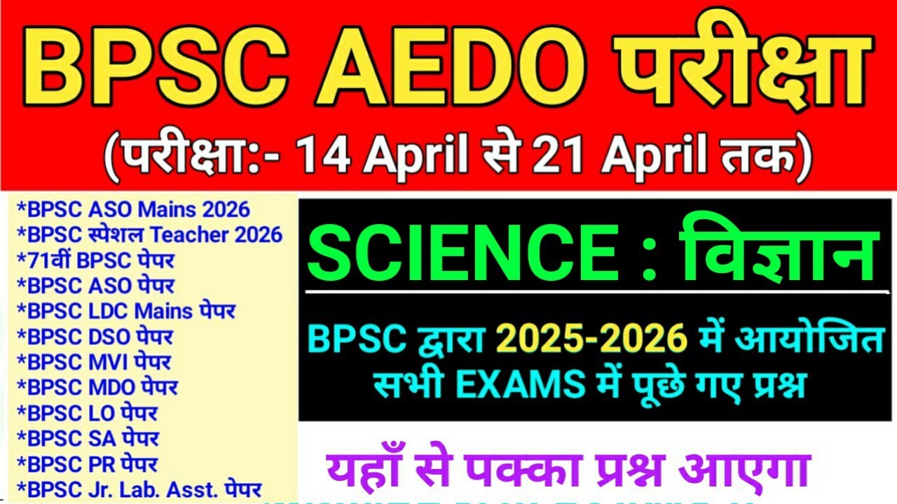 BPSC AEDO | 2025-2026 में BPSC द्वारा आयोजित सभी Exam के Science के Question