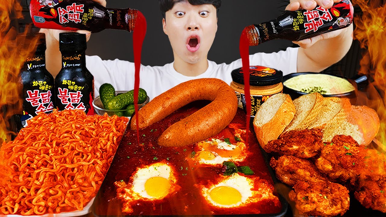 ASMR MUKBANG & Готовка | ОСТРАЯ ЛАПША & жареная курица & КОЛБАСА | звук еды !!