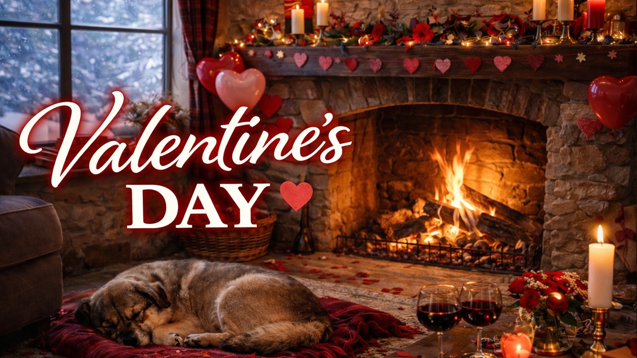 Valentine’s Day Cozy Fireplace Ambience ❄️ Snowy Cottage Day | Romantic Relaxing Background (2.5 Hr)