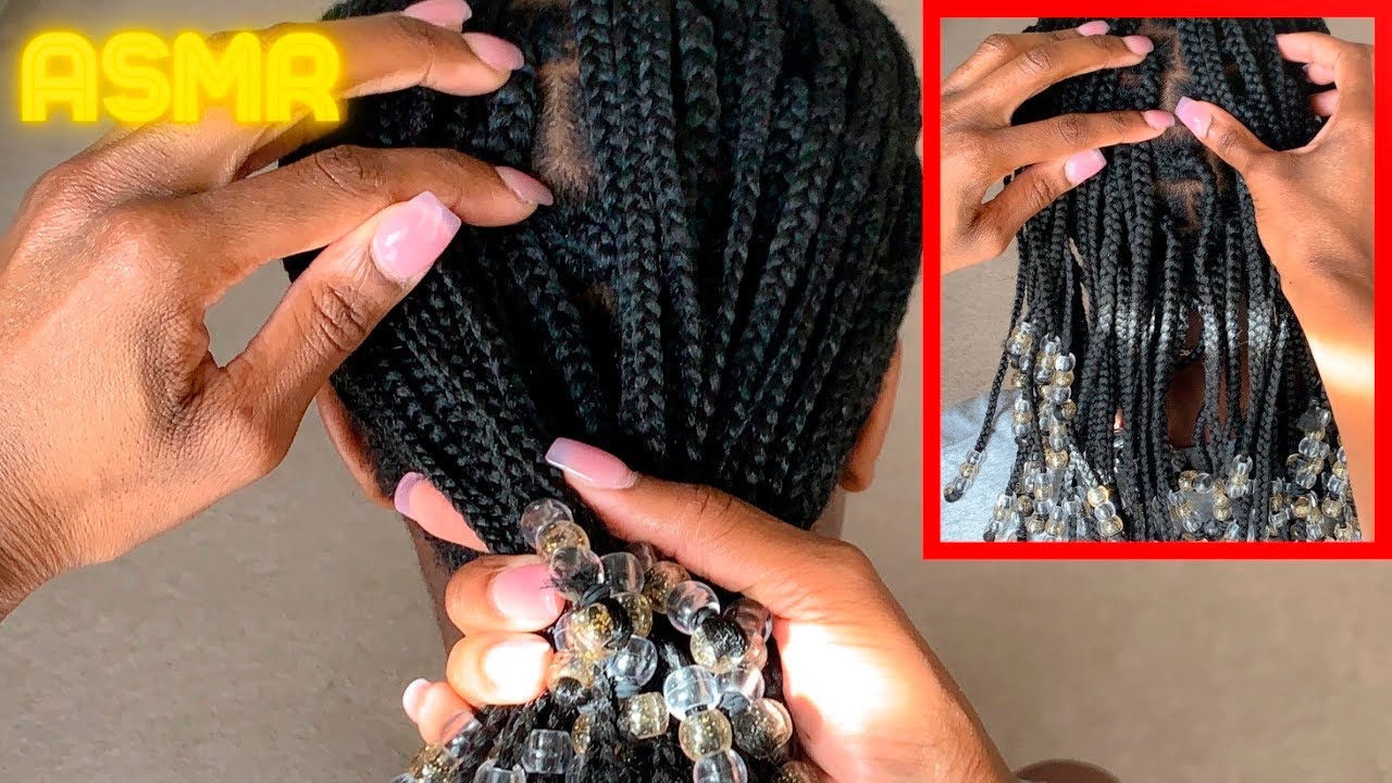 ASMR Scratching and Oiling Scalp Between Knotless Braids with Beads