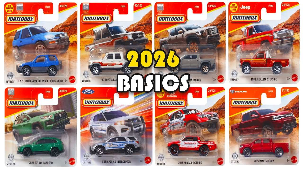 Витрина &mdash; базовые модели Matchbox 2026, Toyota RAV4, Jeep J10, Landcruiser, Honda Ridgeline и дру...
