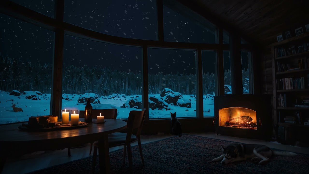 Snowy Cabin Night Ambience ❄️ | Relaxing Music & Fireplace Sounds