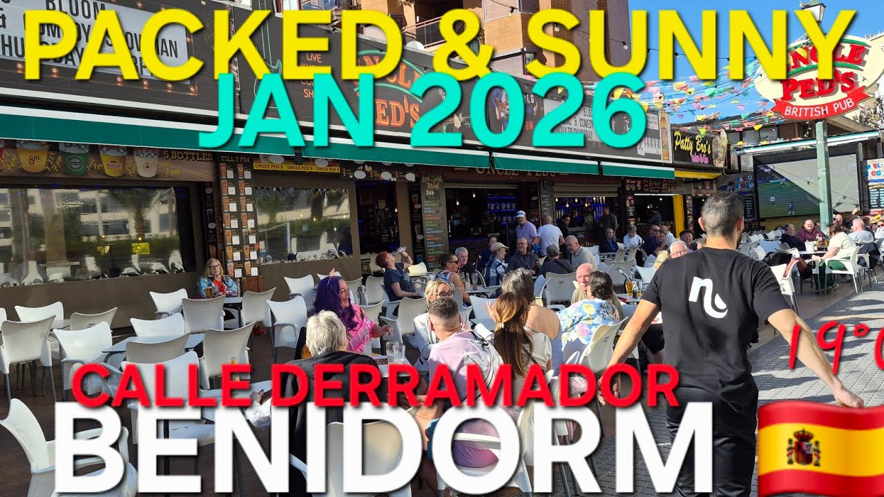 Benidorm - PACKED BARS & SUNNY DAY, Calle Derramador🚶‍♀️ JAN 2026 | 4k-HDR Winter Walk Tour #uk 