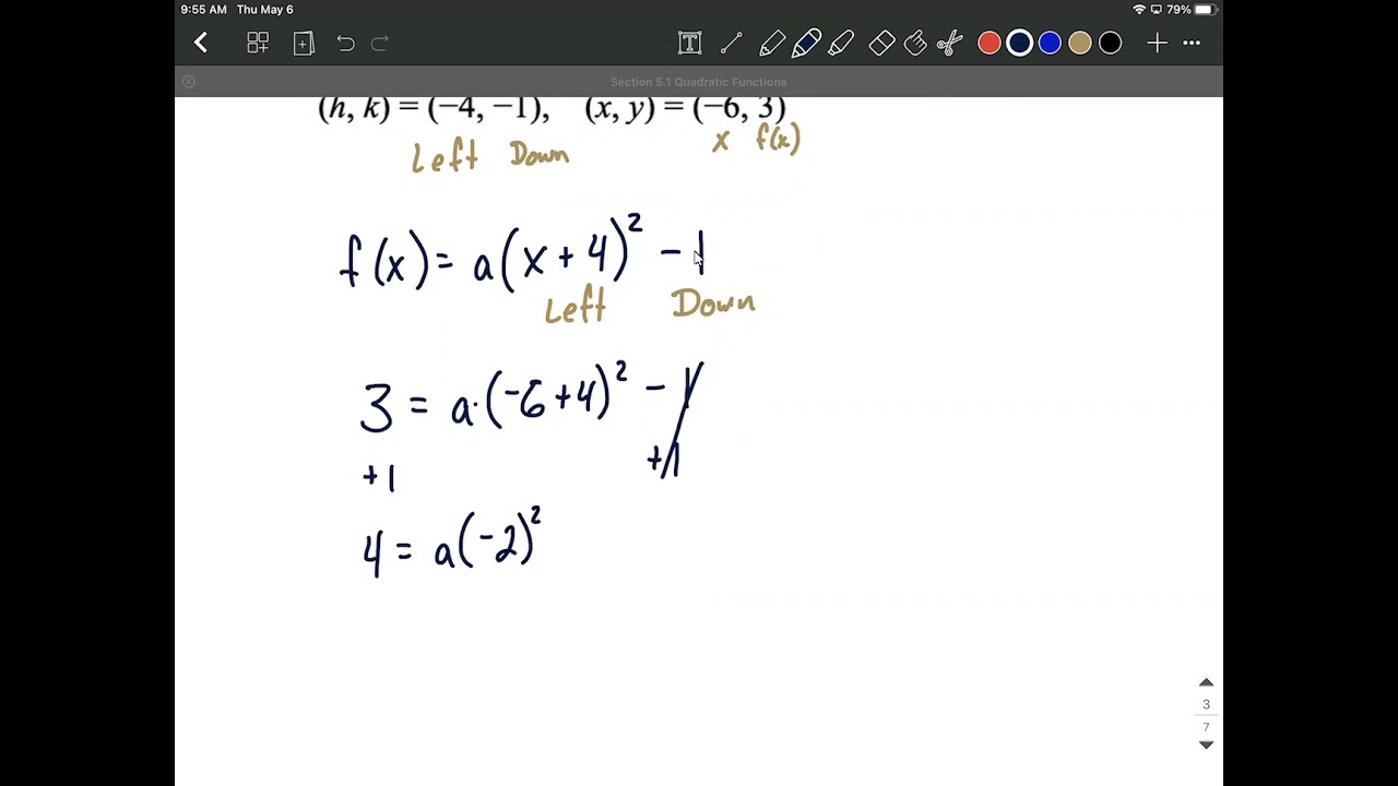 Find quadratic function given vertex and point on graph