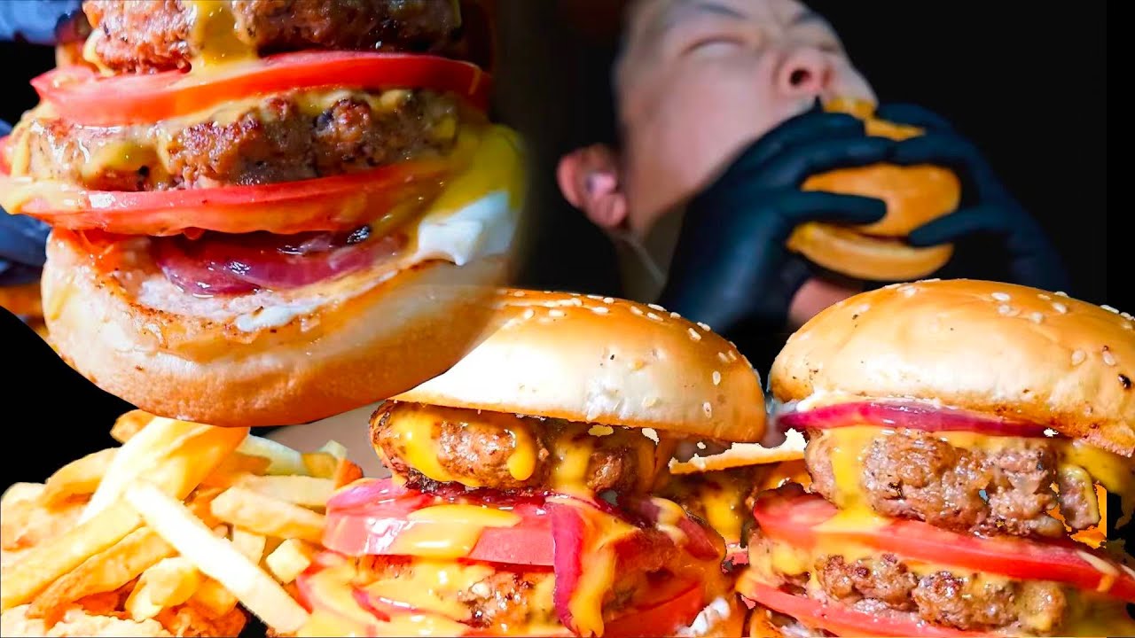 Mukbang: Поглощение говяжьего бургера, жареной курицы и горы картошки фри | Очень вкусно!