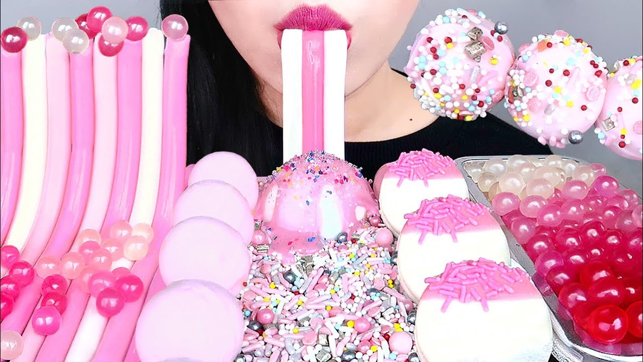 ASMR PINK FOOD *핑크 지구젤리, 젤리국수, 팝핑보바, 찹쌀떡 JELLY NOODLES, CANDY SPRINKLES, PINK PLANET GUMMY MUKBANG