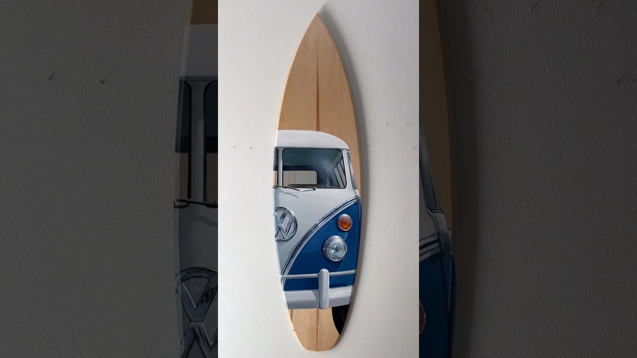 Painting a vintage Volkswagen bus on a surfboard! Artist; tays.woodart #painting #art #volkswagen