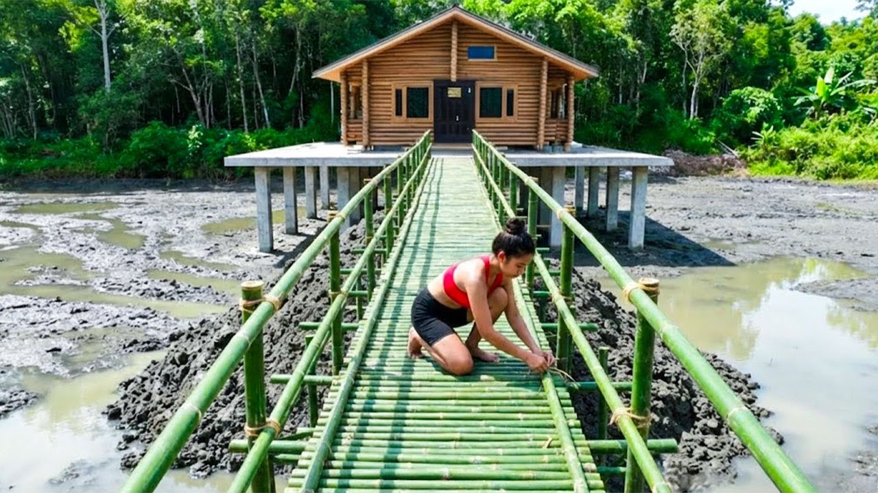 TIMELAPSE: Talented Young Woman Builds a Strong Bamboo Bridge Alone in a Remote Countryside