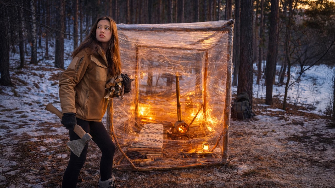 Building a Primitive Transparent Shelter in the Winter Forest | Solo Night