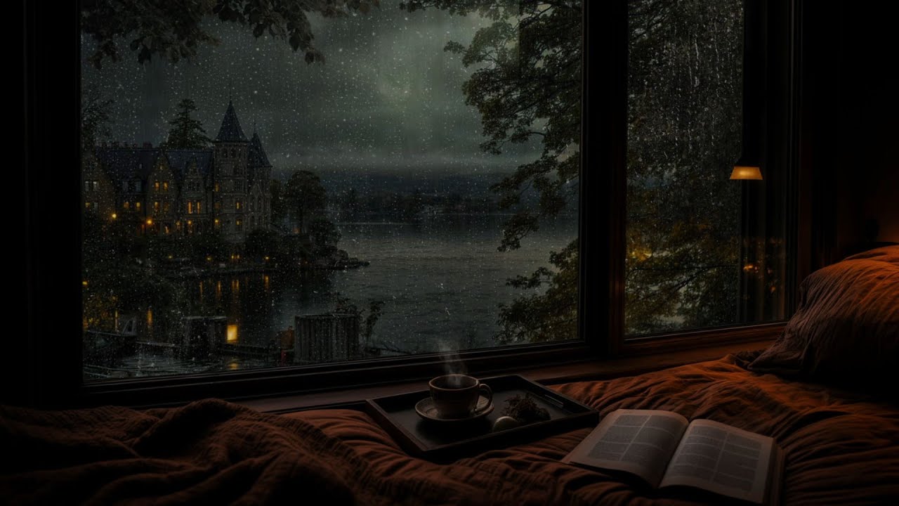 Spring Rain by the Lakeside Window Ambience(No Ads)🌧 | View of the Ancient Castle for Sleep & Relax