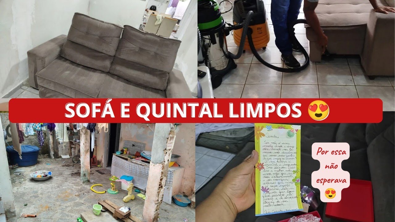 GANHAMOS UMA HIGIENIZAÇÃO NO SOFÁ 😍✨ Sofá Transformado + Faxina no Quintal + Recebido Especial