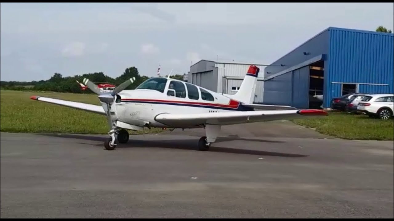 Beechcraft Debonair - startup, taxi and take-off at Pattonville (EDTQ)