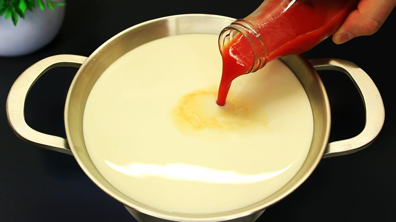 Tomatensaft in kochende Milch gießen! Ich gehe nicht mehr in den Laden! Nur 3 Zutaten