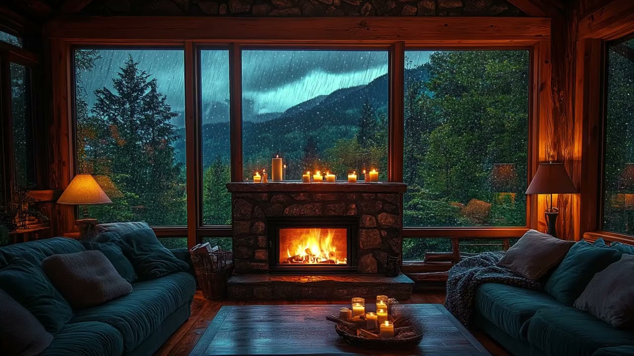 Rainy Night Ambience: Warm Fireplace & Distant Thunder for Sleeping, Studying & Mind Relief