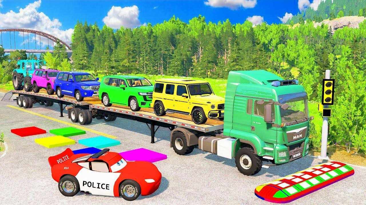 4 K "Flatbed Truck McQueen | Transportation with Truck - Pothole vs Car #20 | BeamNG.Drive Gameplay"