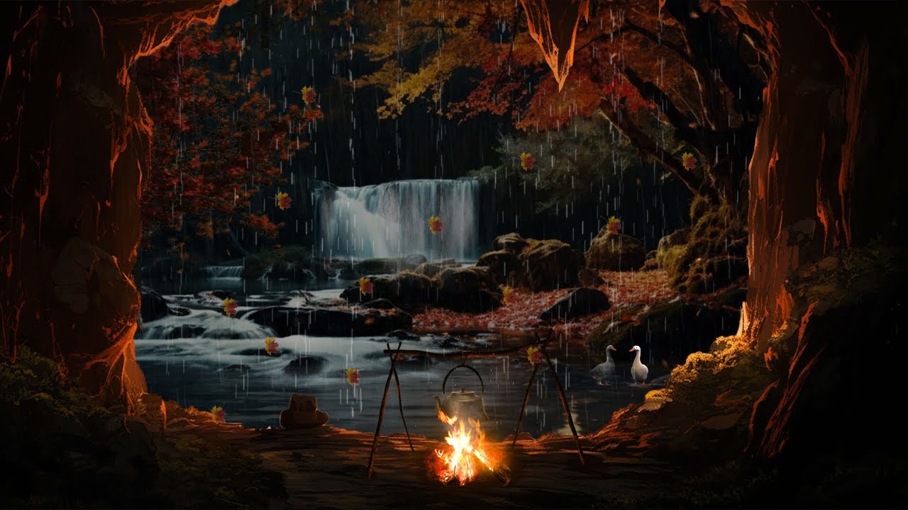 Ambiente pioggia autunnale ASMR |Rilassati con suoni scoppiettanti di fuoco e grilli, sonno profondo