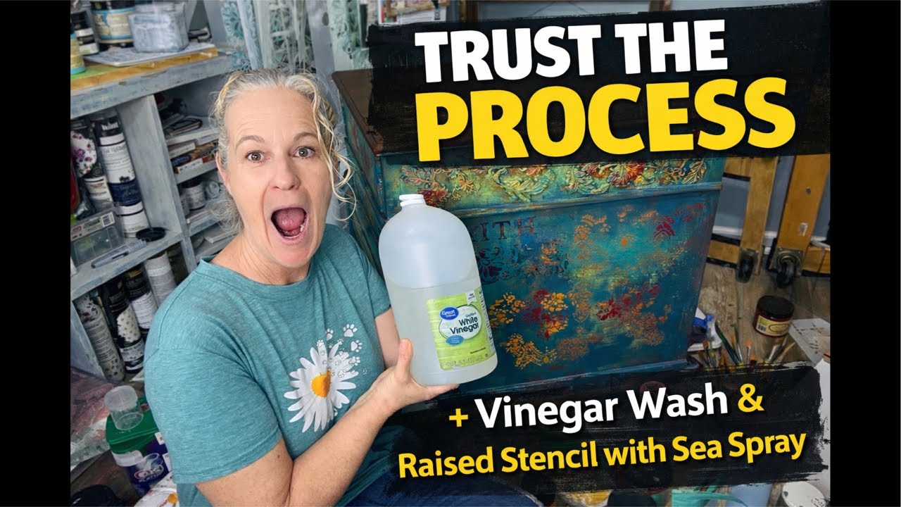 Vinegar Wash Technique + Raised Stencil with Sea Spray | Bohemian Bazaar Furniture Makeover LIVE