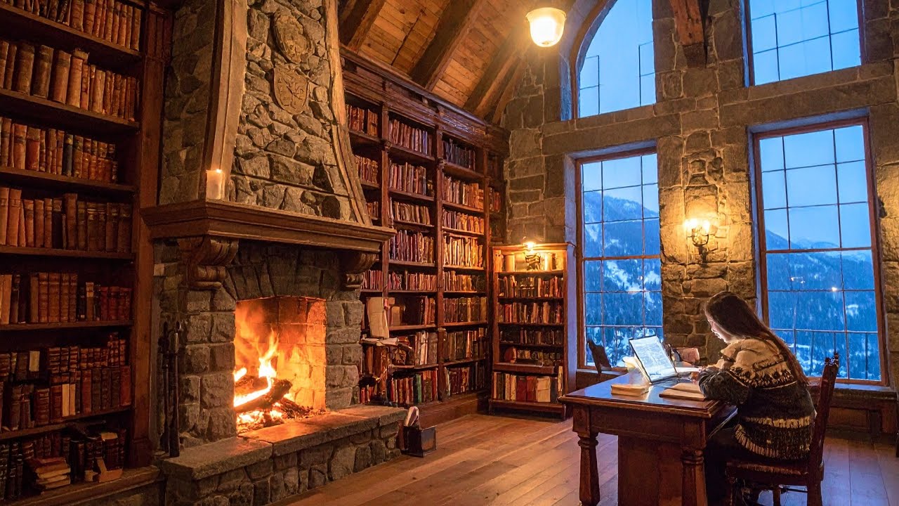 Study with me in Library | Dark Academia | Fireplace Ambience (45 Minutes)