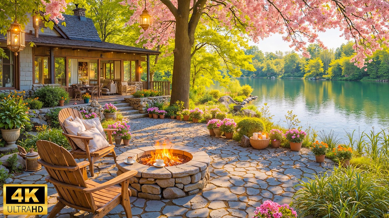 Peaceful Spring Morning by the Lake 🌷 Gentle Piano Music with Warm Fire Pit & Birdsongs for Relax