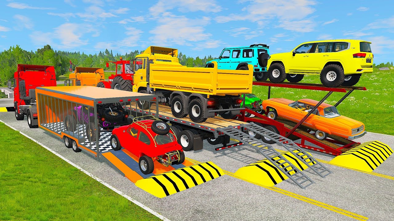 TRANSPORTING PIXAR CARS & FRUITS WITH COLORED & JOHN DEERE vs CLAAS vs TRACTORS - BeamNG.drive 