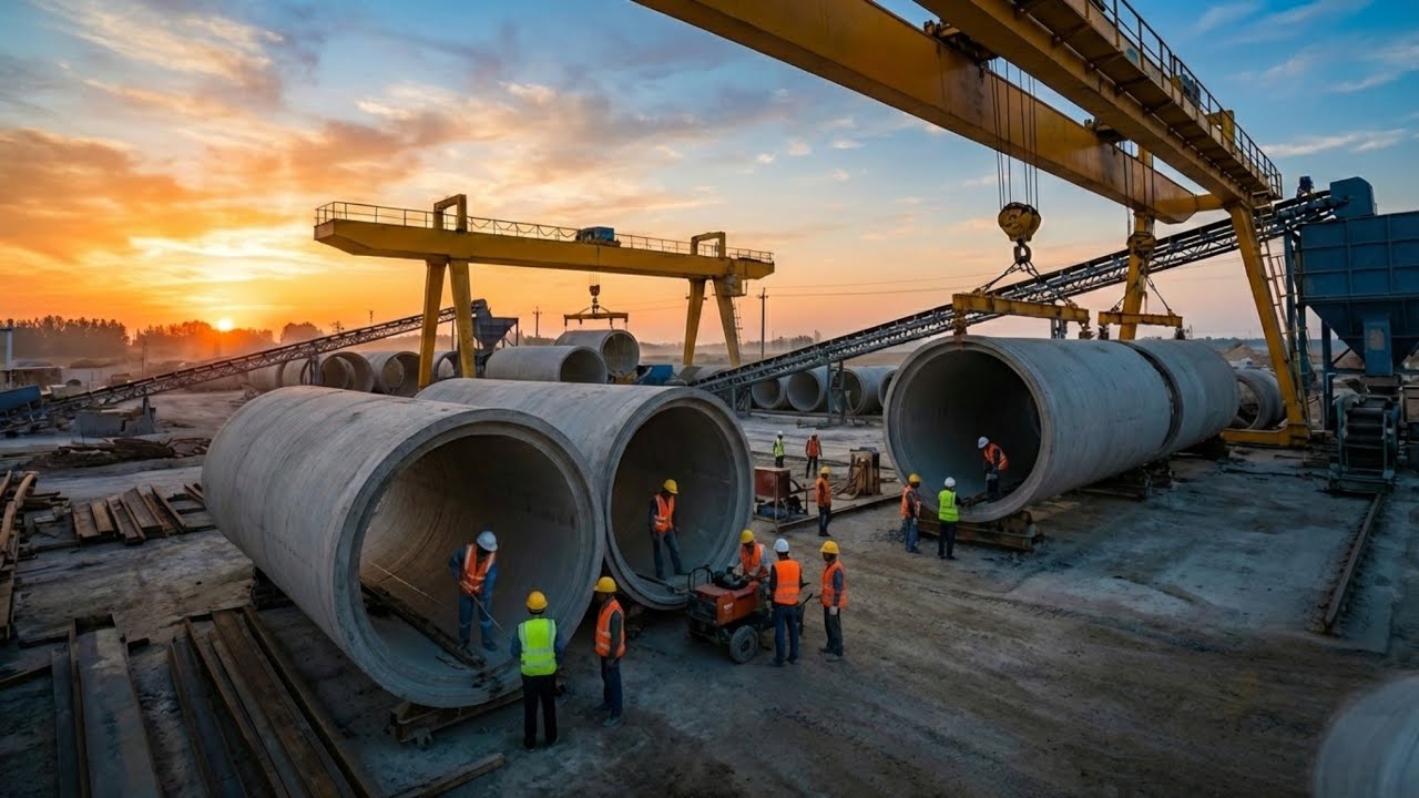 Mass production of large cement sewage pipes | Unmissable video