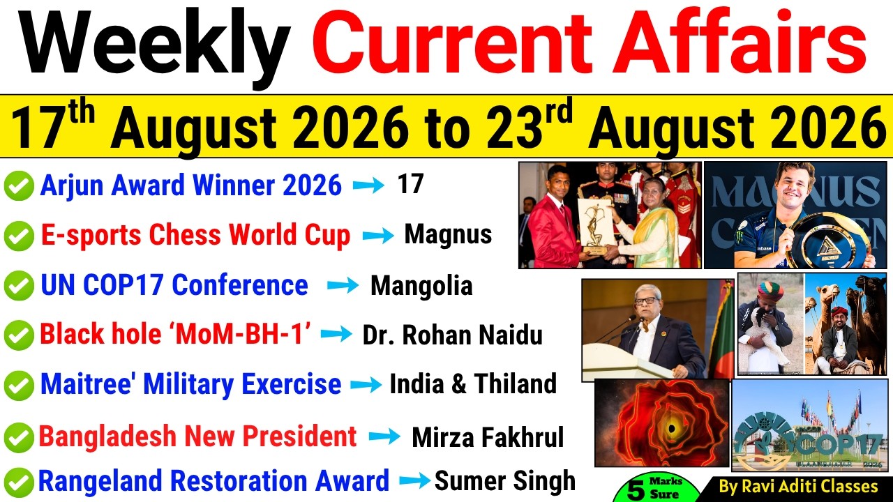 Weekly Current Affairs 2026 | 17 August to 23 August  2026 | Important Current Affairs 2026 ssc rail