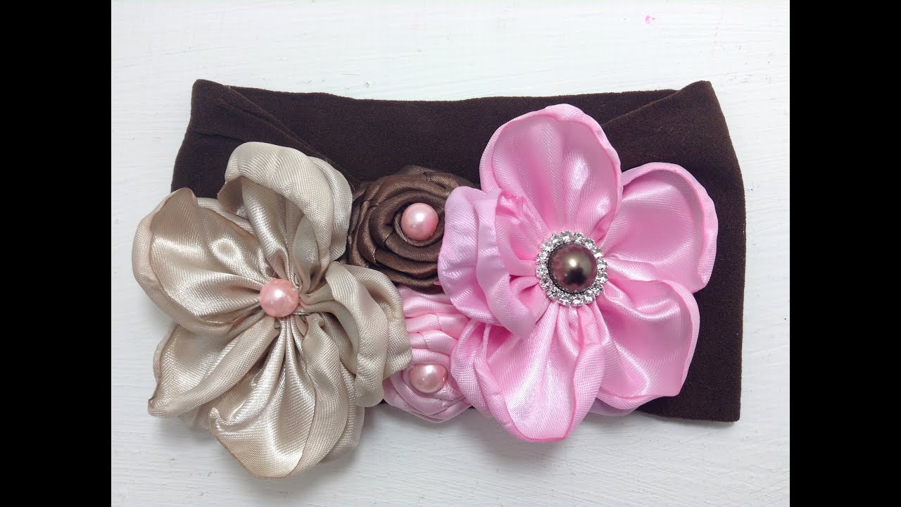 Tiara de flores de tela y listón satin cafe-rosa VIDEO No. 363