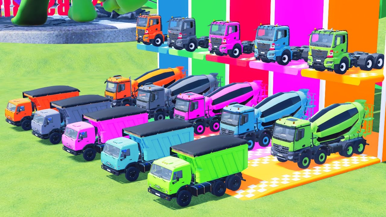 Garage with Colors - ALL MIXER TRUCK WITH DOUBLE FLATBED TRAILER TRUCK, RENAULT, KAMAZ, PETERBILT