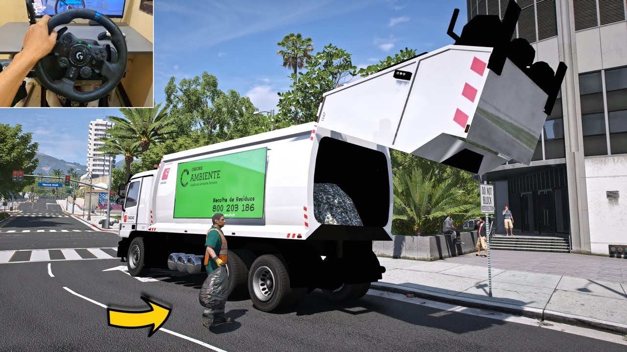 GTA 5 Lets Go To Work as Garbage Truck Driver, Vinewood Route - Steering Wheel Gameplay