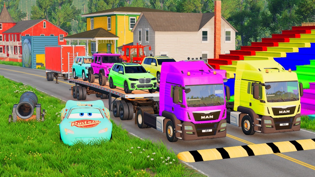 Flatbed Trailer McQueen Transportation with Truck - Speedbumps vs Cars vs Train - BeamNG.Drive #6